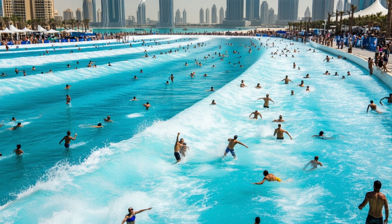 Giant wave pool with people enjoying the water in Dubai