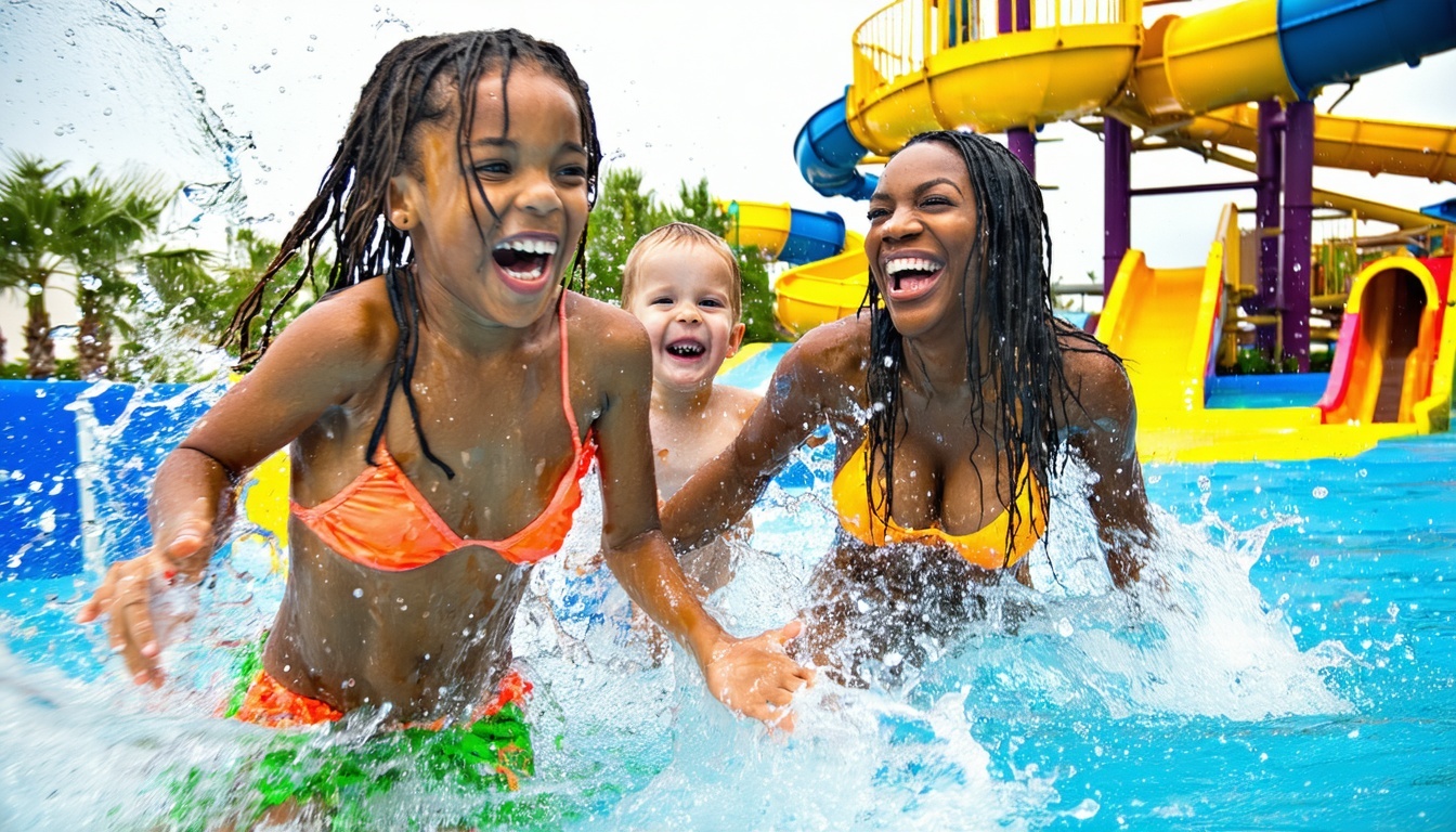 Families and friends laughing in the splash zone at a Dubai water park