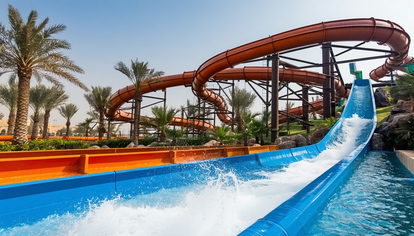 Thrilling water slide twisting through palm trees in Dubai