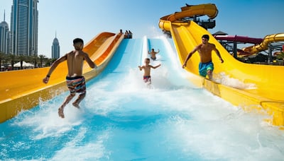 Families enjoying water slides and wave pools under the sunny Dubai sky