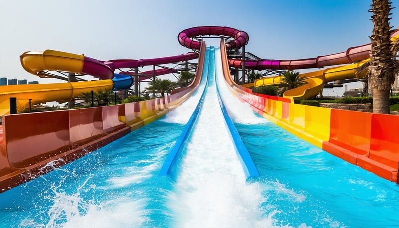 Thrilling water slides and wave pools at a Dubai water park
