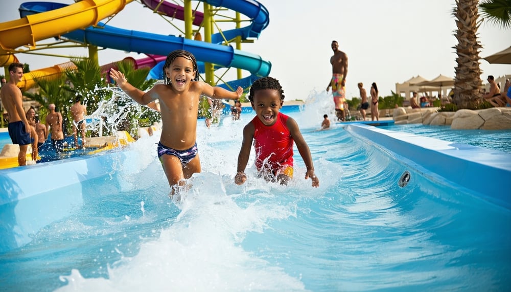 Families enjoying water slides and wave pools in Dubai