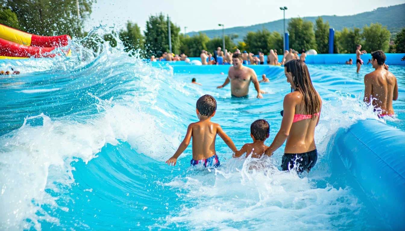 Family enjoying a giant wave pool
